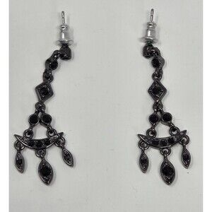 Monet Black Rhinestone Chandelier Drop Earrings Gunmetal Hematite Tone Pierced